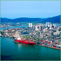 Coface Focus: In the COVID-19 aftermath, Latin American exports towards China should continue to gain ground at the United States’ expense. The photo shows a red transport ship docked in the port of Santos, Sao Paulo, Brazil.